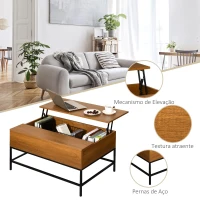 HOMCOM Mesa de Centro Elevável Mesa de Café Versátil com Armazenamento Oculto Pés de Metal para Sala de Estar Sala de Jantar 90x60,5x45,5cm Teca(m-4)