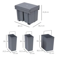 HOMCOM Cubos de Lixo para Cozinha com 3 recipientes de Reciclagem Removíveis 1x20L e 2x10L Metal e Plástico 48x34,2x41,8cm Cinza(m-3)