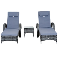Outsunny Conjunto de 2 Espreguiçadeiras com Mesa de Vime Chaise Longue Almofadas Acolchoadas para Jardim Cinza