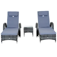 Outsunny Conjunto de 2 Espreguiçadeiras com Mesa de Vime Chaise Longue Almofadas Acolchoadas para Jardim Cinza(m-1)
