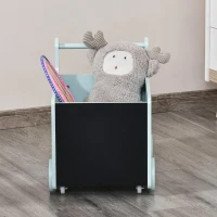 HOMCOM Caixa de Armazenamento de Brinquedos Infantil com Rodas Alça e 2 Lousas Baú de Armazenamento para Habitação de Crianças Escola Infantil Sala de Jogos 47x35x45,5cm Azul(m-9)