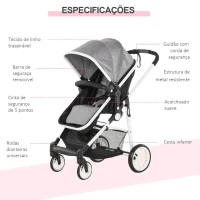 HOMCOM Carrinho de Bebé 2 em 1 Carrinho de Passeio e Alcofa para Crianças de 0 a 36 Meses com Capota Dobrável Encosto Inclinável Cesta Grande Alavanca de Freio Carga 15kg 80x51x102cm Cinza(m-8)