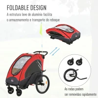 HOMCOM Reboque de criança 3 em 1 de 2 lugares para crianças acima de 6 meses Dobrável com barra rodas giratórias e guiador ajustável 150x85x107cm Vermelho(m-6)