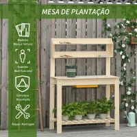 Outsunny Mesa de Plantação de Madeira Mesa para Vasos com Placa Deslizante 3 Prateleiras e Gancho para Jardim Pátio Garagem 100x40x140cm Madeira Natural(m-7)