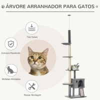 PawHut Árvore Arranhador para Gatos para Fixar ao Teto Altura Ajustável 238-270cm com Rede Caverna Rampa Bola pendurada 60x40x270cm Cinza Claro(m-4)