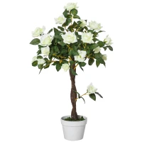 Outsunny Planta artificial de 90 cm Rosa branca realista com 21 flores e 350 folhas Pote de cimento incluído para interior e exterior(m-1)