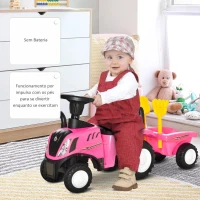 HOMCOM Trator para Crianças de 12-36 Meses com Reboque Removível Carro Andador com Buzina Farol Pá e Ancinho Carga 25kg 91x29x44cm Rosa(m-7)