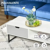 HOMCOM Mesa de Centro para Sala de Estar Mesa de Centro Moderna com Prateleira Aberta Gaveta e Pés Elevados Mesa Auxiliar para Sala de Estar Escritório 106x48x43cm Branco(m-7)