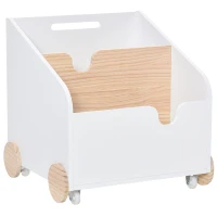 HOMCOM Caixa de Armazenamento de Brinquedos de 2 Seções com Rodas Puxador Carrinho de Madeira Infantil 40x43x43cm Branco e Madeira Natural(m-1)
