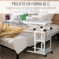 HOMCOM Mesa Lateral para Sofá Mesa lateral em Forma de C com 4 rodas Giratórias Freios Altura Ajustável 3 níveis Estrutura Metálica 80x40x72-82cm Branco(m-8)