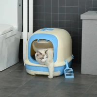 PawHut Caixa de Areia para Gatos com Alça de Transporte Duplo Fundo Bandeja Removível Pá e Filtro de Carvão Ativo 63x43x43cm Bege e Azul(m-2)