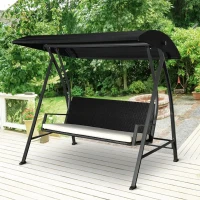 Outsunny Baloiço de Jardim de Vime PE com 3 Lugares Estrutura de Metal Almofada Toldo Ajustável Balcão Terraço Patio Carga Máx. 360kg 198x124x179cm Preto(m-2)