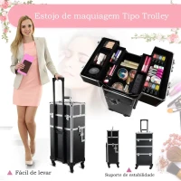 HOMCOM Estojo de maquiagem profissional Estojo cosmético destacável com rodas omnidirecionais com trava Fácil de transportar 36x24x79/107cm(m-6)