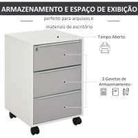 HOMCOM Bloco de Gavetas Móvel de Escritório com 3 Gavetas Fechadura Rodas e Travão para Documentos 40x40x63,5 cm Branco e Cinza(m-4)