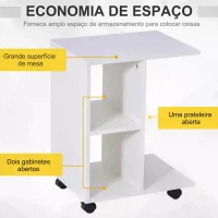 HOMCOM Mesa Auxiliar Moderna Mesa Auxiliar em Forma de C com Rodas e Prateleiras Abertas 45x35x58 cm Branca(m-5)