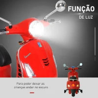 HOMCOM Mota Elétrica para Crianças com Licença Vespa com Música Velocidade 2-3 km/h e Buzina 102x50,5x75,5 cm Vermelha(m-4)