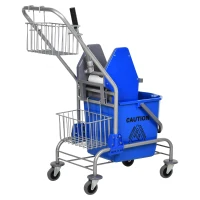 HOMCOM Carro de Limpeza Balde para Esfregona com Escorredor a Pressão Rodas e Cesto de Armazenamento Capacidade 26L 73x45x95 cm Azul(m-10)