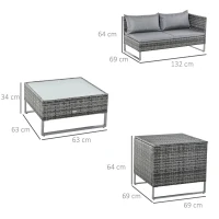Outsunny Conjunto de 4 Móveis de vime para Jardim com 2 Sofás Duplos Mesa central mesa de baú e almofadas removíveis 132x69x64 cm Cinza(m-3)
