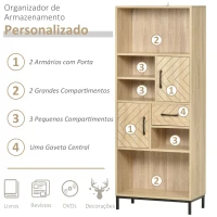 HOMCOM Estante com 5 compartimentos Gaveta 2 Armários com portas e Dispositivo Anti-tombamento 60x30x150 cm Madeira Natural(m-4)
