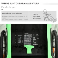 HOMCOM Reboque de Bicicleta para Crianças acima de 18 Meses 2 em 1 Carrinho de Passeio de 2 Lugares com Guidão de Altura Ajustável Barra Bandeira e Refletores 160x83x96cm Verde e Preto(m-5)