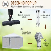Outsunny Tenda dobrável para jardim 3x3m Redes mosquiteiras Removível com zíper 4 orificios de drenagem tecido oxford 420D Branco(m-6)