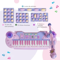 HOMCOM Piano Infantil 37 Teclas Teclado Eletrônico Brinquedo Educacional para Crianças + 3 Anos com Microfone Banco de Luzes e 22 Canções USB/MP3 Karaokê Rosa(m-4)