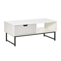 HOMCOM Mesa de Centro para Sala de Estar Mesa de Centro Moderna com Prateleira Aberta Gaveta e Pés Elevados Mesa Auxiliar para Sala de Estar Escritório 106x48x43cm Branco(m-1)