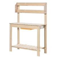 Outsunny Mesa de Plantação de Madeira Mesa para Vasos com Placa Deslizante 3 Prateleiras e Gancho para Jardim Pátio Garagem 100x40x140cm Madeira Natural(m-1)