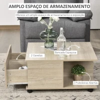 HOMCOM Mesa de Centro para Sala de Estar Mesa de Centro com Rodas 2 Prateleiras Abertas e 2 Gavetas 70x70x35cm Natural(m-4)