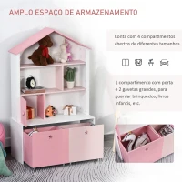 HOMCOM Estante de Madeira Infantil Estante de Livros para Crianças com 4 Compartimentos 1 Porta e 2 Gavetas Removíveis com Rodas para Livros Brinquedos 80x34x130cm Rosa e Branco(m-4)