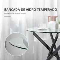 HOMCOM Mesa de Sala de Jantar Redonda com Bancada de Cristal Temperado Transparente e Pés Cruzados de Metal Mesa de Centro Moderna Ø80x75cm Preto(m-4)