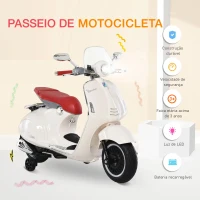 HOMCOM Mota Elétrica Vespa com Faróis Música 2 Rodas Auxiliares para Crianças acima de 3 Anos 108x49x75 cm Branco(m-9)