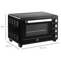 HOMCOM Mini Forno Elétrico de 32L 1600W com 3 Modos de Aquecimento Temperatura até 230 °C Temporizador Bandeja de Assar Ajustável em 3 Níveis 52,2x38,1x33,5cm Preto(m-3)