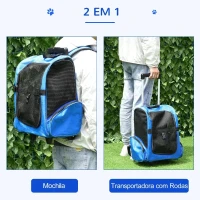 PawHut Transportadora para Animais de Estimação 2 em 1 Mochila de Viagem com 2 Rodas para Cães Gatos com Alça Retrátil de Alumínio e Bolso de Armazenamento 42x25x55cm Azul(m-4)