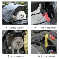 PawHut Carrinho de animais de estimação dobrável com rodas Correias de segurança e cesto de armazenamento 109,5x57,5x106,5 cm Cinza e preto(m-6)