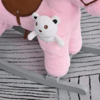 HOMCOM Cavalo Baloiço para Crianças de 18-36 Meses Cavalo de Balançar com Ursinho de Pelúcia Sons de Relinchos e Galopes base de Madeira 65x26x55cm Rosa(m-9)