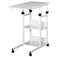 HOMCOM Mesa Lateral para Sofá Mesa lateral em Forma de C com 4 rodas Giratórias Freios Altura Ajustável 3 níveis Estrutura Metálica 80x40x72-82cm Branco(m-1)