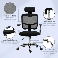 Vinsetto Cadeira de Escritório Giratória Ergonômica com Altura Ajustável Função de Inclinação Apoio para a Cabeça e Suporte Lombar 63x62x109-117cm Preto(m-7)