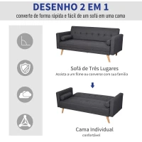 HOMCOM Sofá- cama 3 lugares com apoio de braços Pernas levantadas 187x90x86.5 Cinza(m-6)