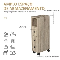 kleankin Armário de Casa de Banho para Espaço Reduzido com Rodas Prateleiras Abertas Armário e Gaveta 18x30x68,5 cm Madeira(m-4)