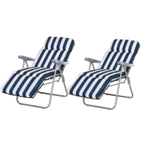 Outsunny 2 Espreguiçadeiras de Jardim Dobráveis Espreguiçadeiras de Aço com Almofada Acolchoada Encosto Ajustável em 5 Posições e Apoio para os Pés 60x75x50-102cm Azul e Branco