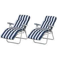 Outsunny 2 Espreguiçadeiras de Jardim Dobráveis Espreguiçadeiras de Aço com Almofada Acolchoada Encosto Ajustável em 5 Posições e Apoio para os Pés 60x75x50-102cm Azul e Branco(m-1)