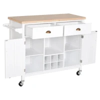 HOMCOM Ilha de Cozinha com Rodas com Gavetas Suporte para Garrafas Armários e Prateleira 113x45x89 cm Branco e Madeira(m-9)