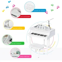 HOMCOM Piano de Cauda Infantil com 30 Teclas Banco Suporte de Partituras Piano para Crianças de MDF Instrumento Musical Educativo 52x50x49cm Branco(m-7)