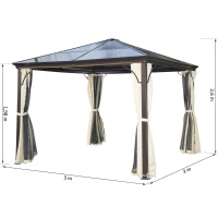 Outsunny Pérgola de Jardim 3x3m com Pára-ventos e Rede mosquiteira Alumínio, Policarbonato e Poliéster Café e Creme(m-3)