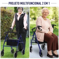 HOMCOM Andador para Adultos Dobrável com Armazenamento Assento e Travão 65x53x79-89cm Azul e Preto(m-8)