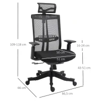 Vinsetto Cadeira de Escritório Ergonômica Giratória e Reclinável com Altura Ajustável Apoio para os Braços Apoio para a Cabeça e Suporte Lombar Regulável 66,5x66x109-118cm Preto(m-3)