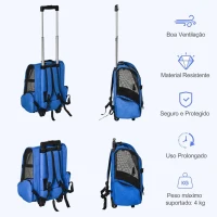 PawHut Transportadora para Animais de Estimação 2 em 1 Mochila de Viagem com 2 Rodas para Cães Gatos com Alça Retrátil de Alumínio e Bolso de Armazenamento 42x25x55cm Azul(m-7)