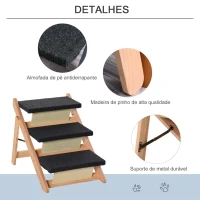 PawHut Escada de Madeira para Cães Dobrável 2 em 1 Rampa para Animais de Estimação Portátil com 3 Degraus para Acesso ao Sofá e Cama Alta 60x47x50cm Madeira Natural e Preto(m-5)