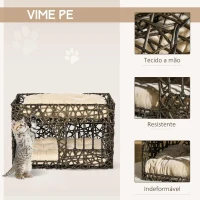 PawHut Cesta de Vime para Gatos de 2 Alturas Cama Caverna de Gatos com 2 Almofadas Suaves e Janela 56x41x45cm Café Escuro(m-5)